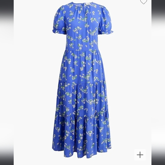 J. Crew Blue Floral Puff Sleeve Tiered Midi Dress Boho Peasant Flowy Beachy L - Picture 3 of 13